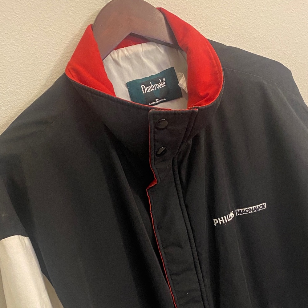 Dunbrooke PHILLIPS MAGNAVOX Promo VTG Black & Red Bomber Jacket. Made in USA XL